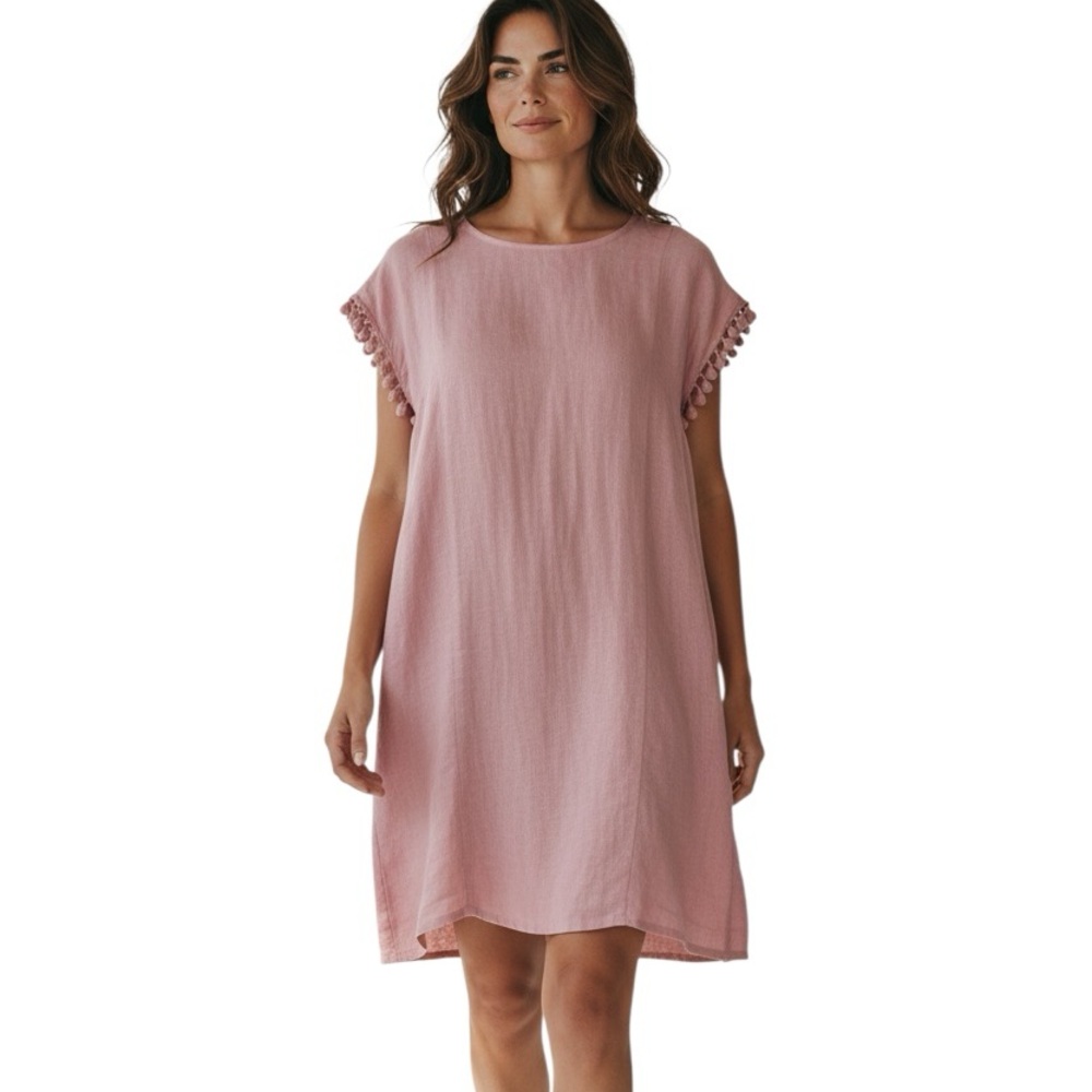 Cute! Antibes Blanc 100% Linen Dress. Mauve W/ Tassel Sleeves. Sz. L